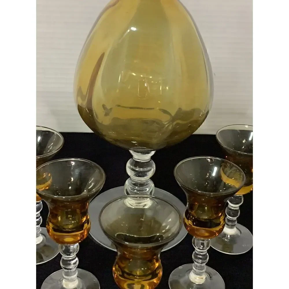 Rare Vintage Italian Amber Decanter with Stopper and 5 Matching Cordial Glasses